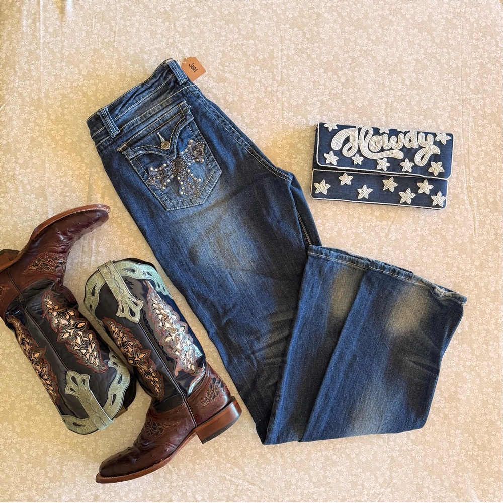 Classic Blue Boot Cut Jeans - Embellished back pockets